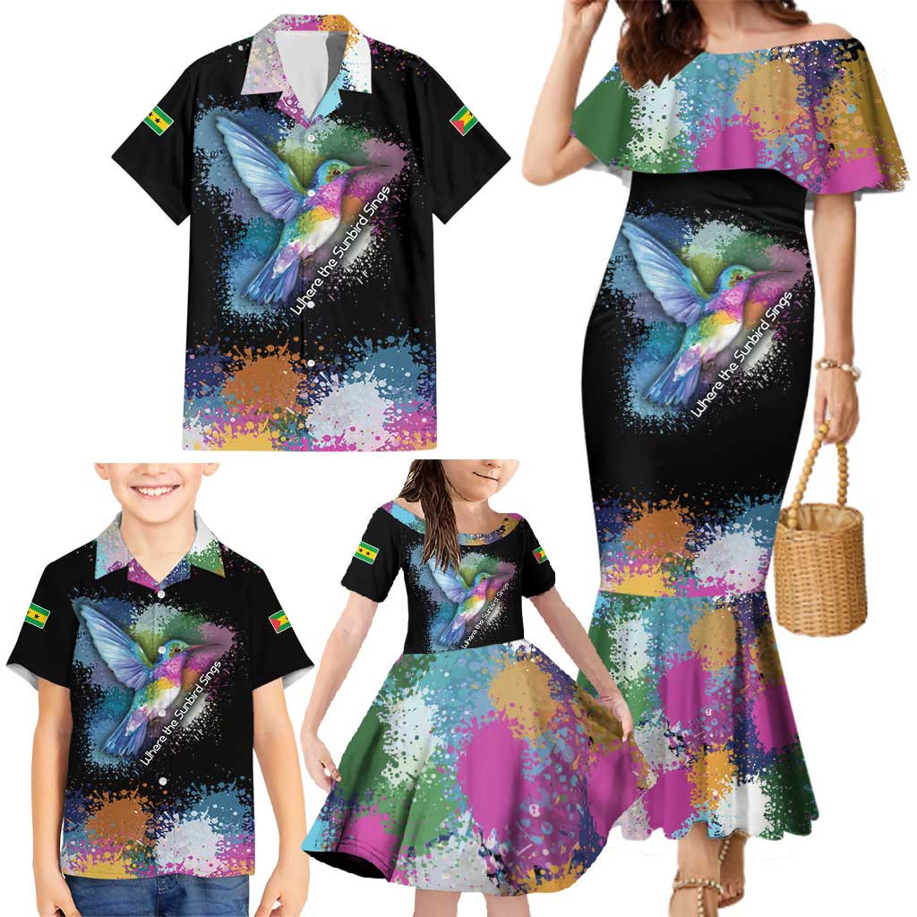 Where the Sunbird Sings Family Matching Mermaid Dress and Hawaiian Shirt with Sao Tome and Principe Flag and Color Splash Art