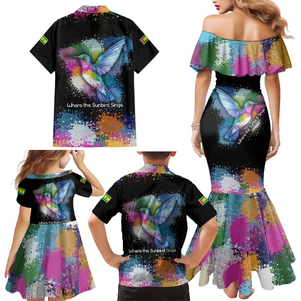 Where the Sunbird Sings Family Matching Mermaid Dress and Hawaiian Shirt with Sao Tome and Principe Flag and Color Splash Art