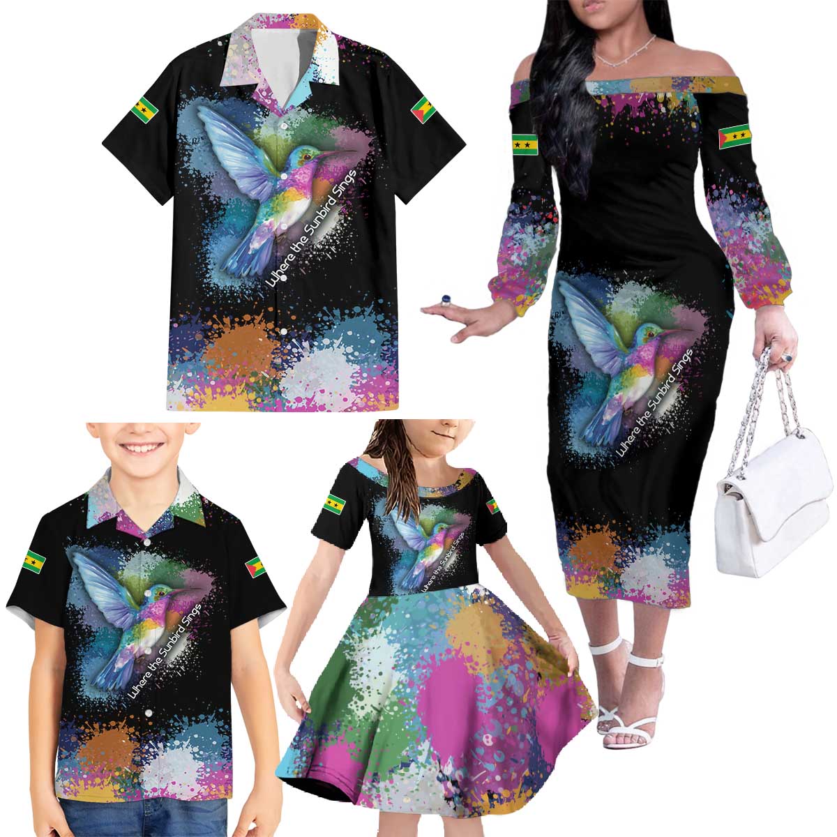 Where the Sunbird Sings Family Matching Off The Shoulder Long Sleeve Dress and Hawaiian Shirt with Sao Tome and Principe Flag and Color Splash Art