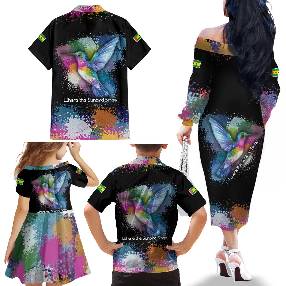 Where the Sunbird Sings Family Matching Off The Shoulder Long Sleeve Dress and Hawaiian Shirt with Sao Tome and Principe Flag and Color Splash Art