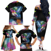 Where the Sunbird Sings Family Matching Off The Shoulder Long Sleeve Dress and Hawaiian Shirt with Sao Tome and Principe Flag and Color Splash Art