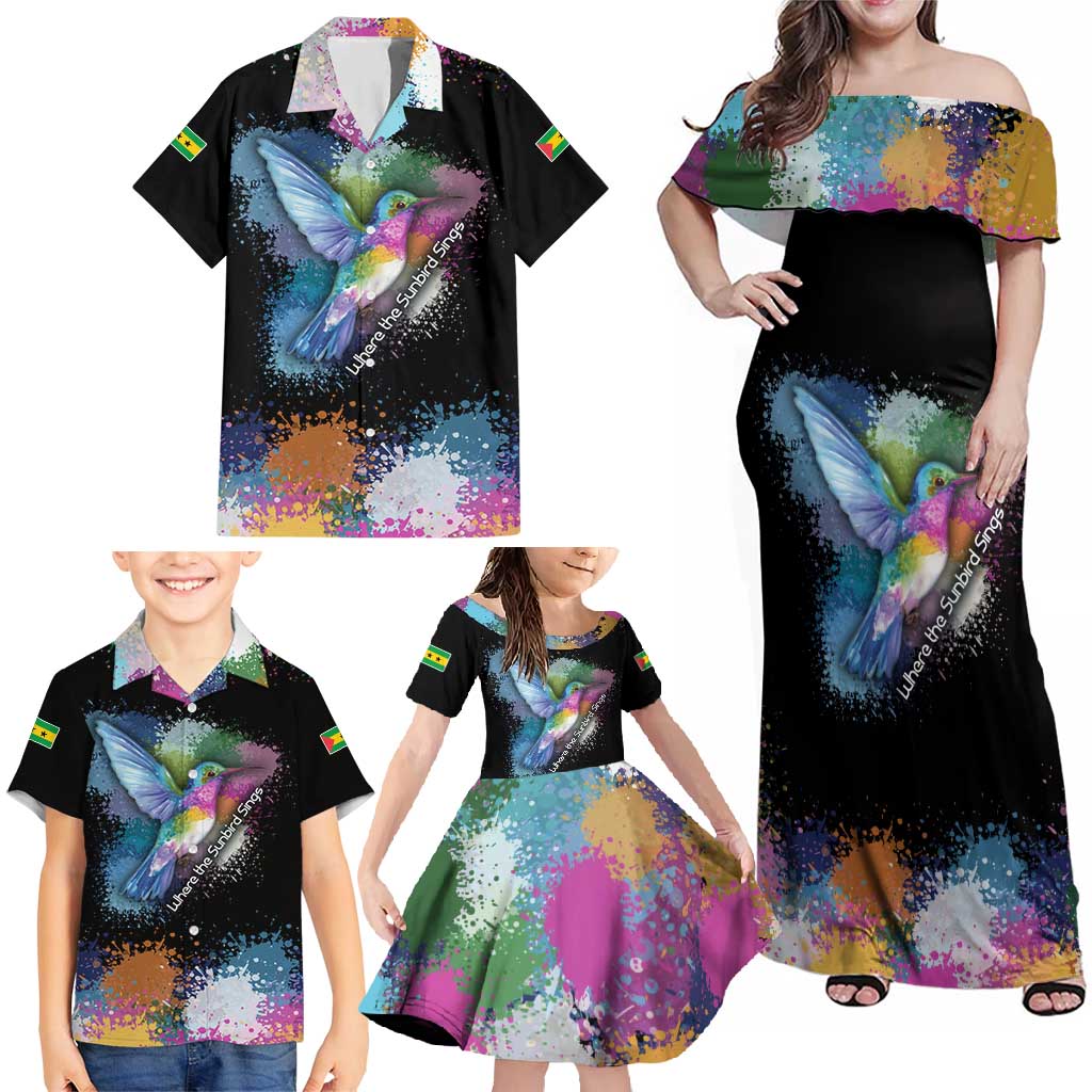 Where the Sunbird Sings Family Matching Off Shoulder Maxi Dress and Hawaiian Shirt with Sao Tome and Principe Flag and Color Splash Art