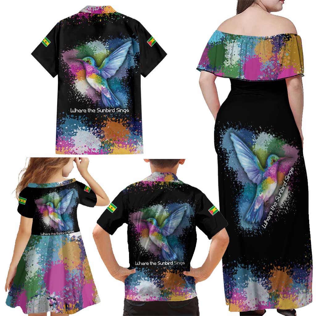 Where the Sunbird Sings Family Matching Off Shoulder Maxi Dress and Hawaiian Shirt with Sao Tome and Principe Flag and Color Splash Art