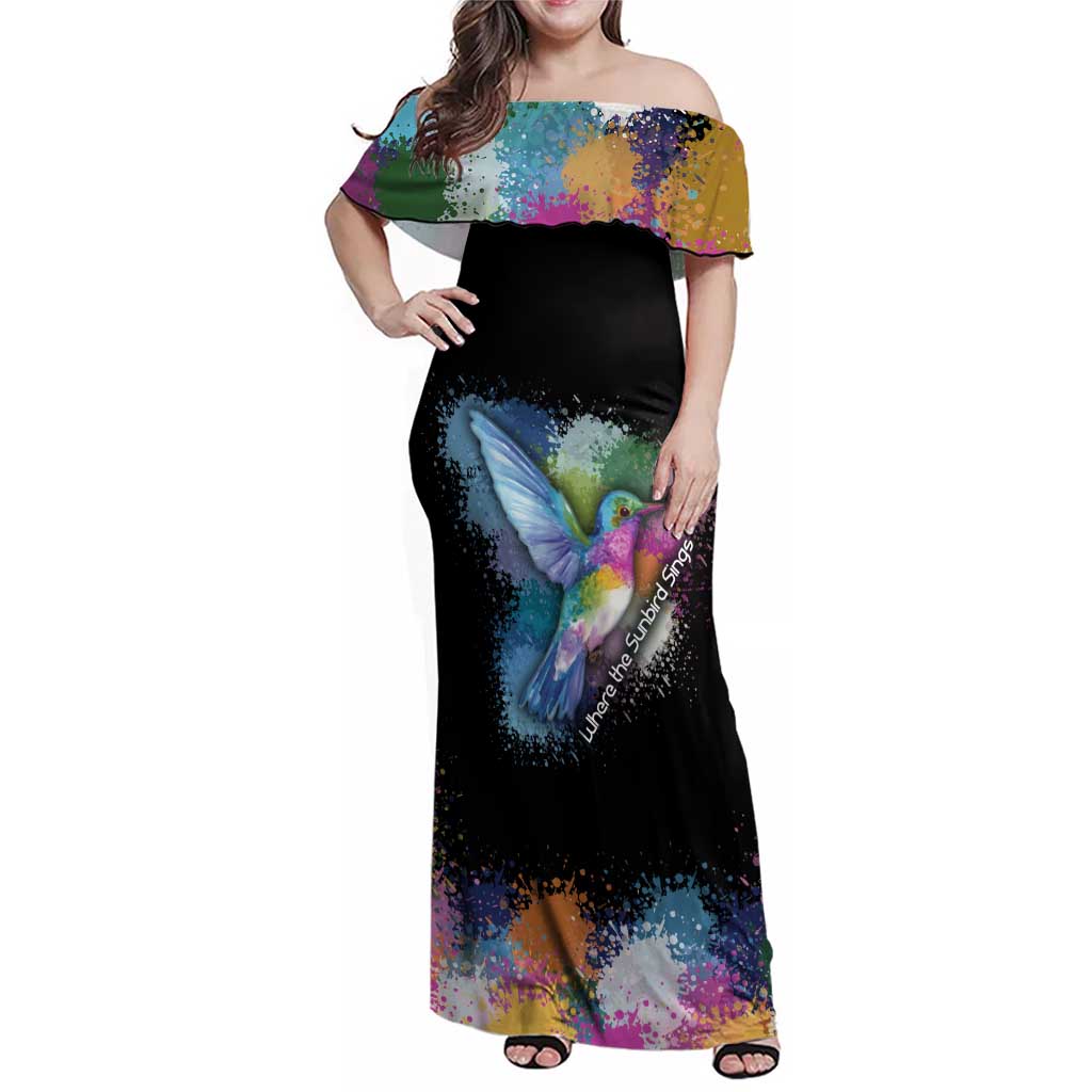 Where the Sunbird Sings Family Matching Off Shoulder Maxi Dress and Hawaiian Shirt with Sao Tome and Principe Flag and Color Splash Art
