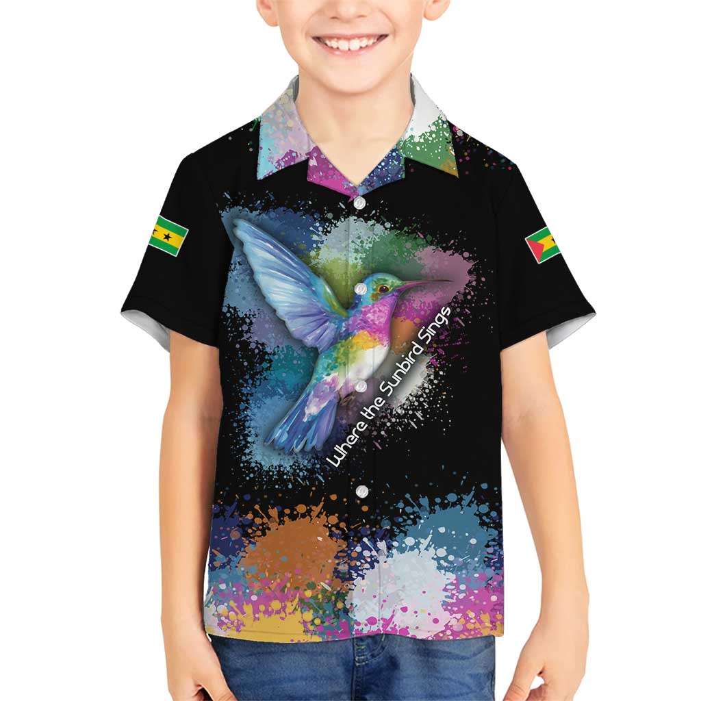 Where the Sunbird Sings Family Matching Off Shoulder Maxi Dress and Hawaiian Shirt with Sao Tome and Principe Flag and Color Splash Art