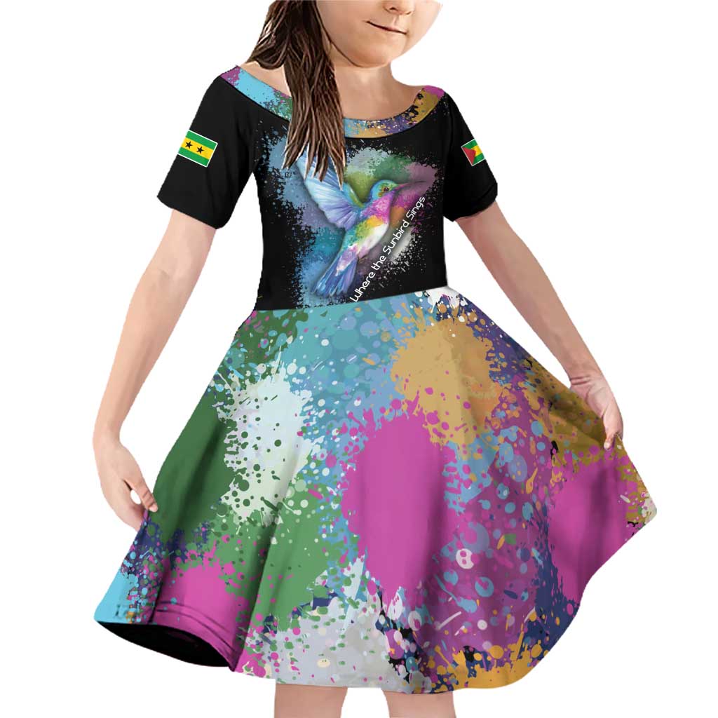 Where the Sunbird Sings Family Matching Off Shoulder Short Dress and Hawaiian Shirt with Sao Tome and Principe Flag and Color Splash Art