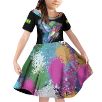 Where the Sunbird Sings Family Matching Off Shoulder Short Dress and Hawaiian Shirt with Sao Tome and Principe Flag and Color Splash Art