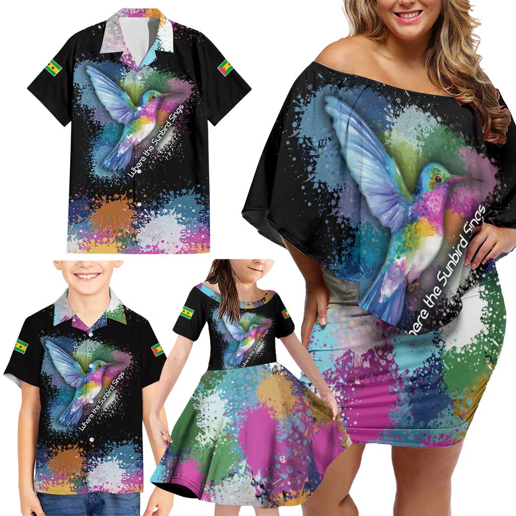 Where the Sunbird Sings Family Matching Off Shoulder Short Dress and Hawaiian Shirt with Sao Tome and Principe Flag and Color Splash Art