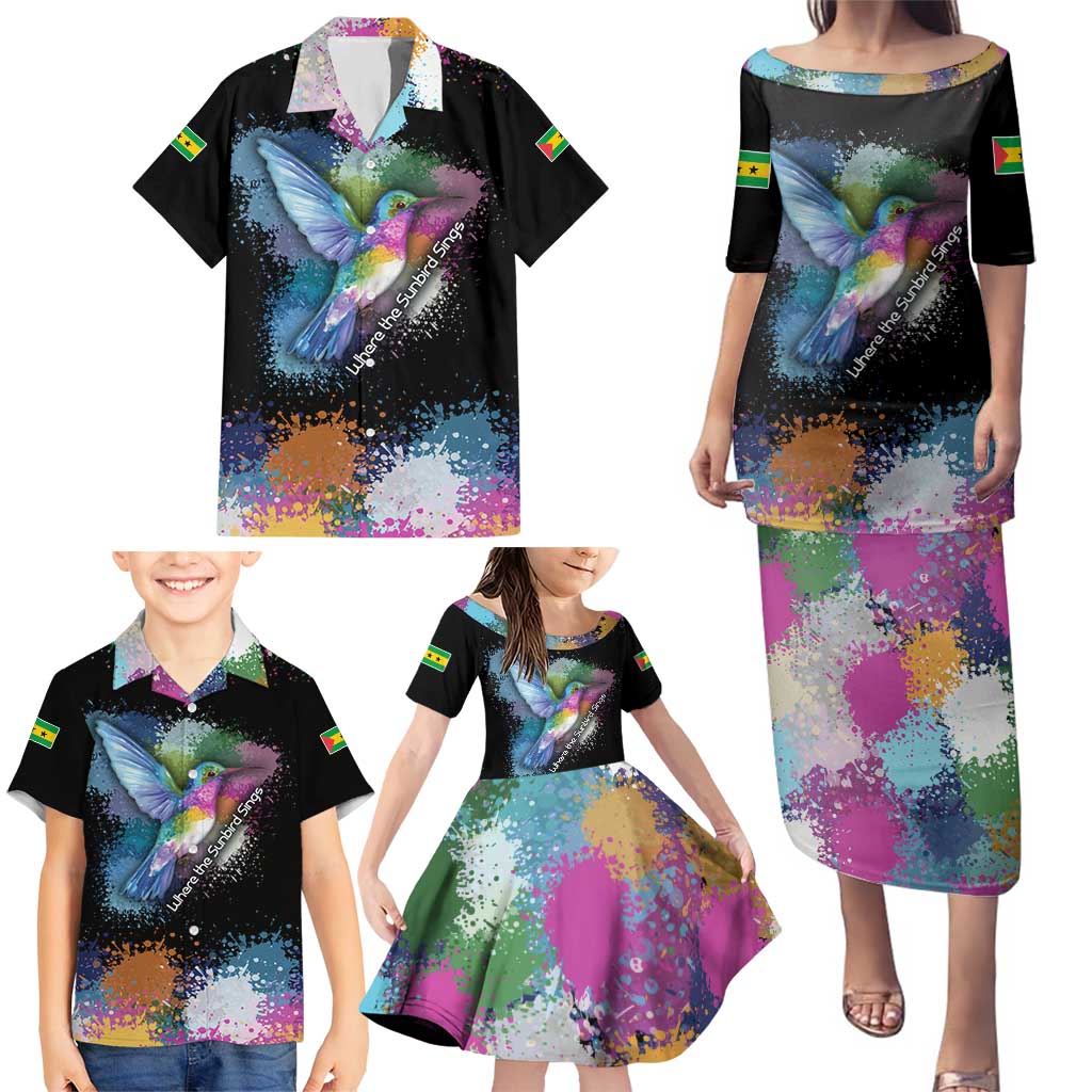 Where the Sunbird Sings Family Matching Puletasi and Hawaiian Shirt with Sao Tome and Principe Flag and Color Splash Art