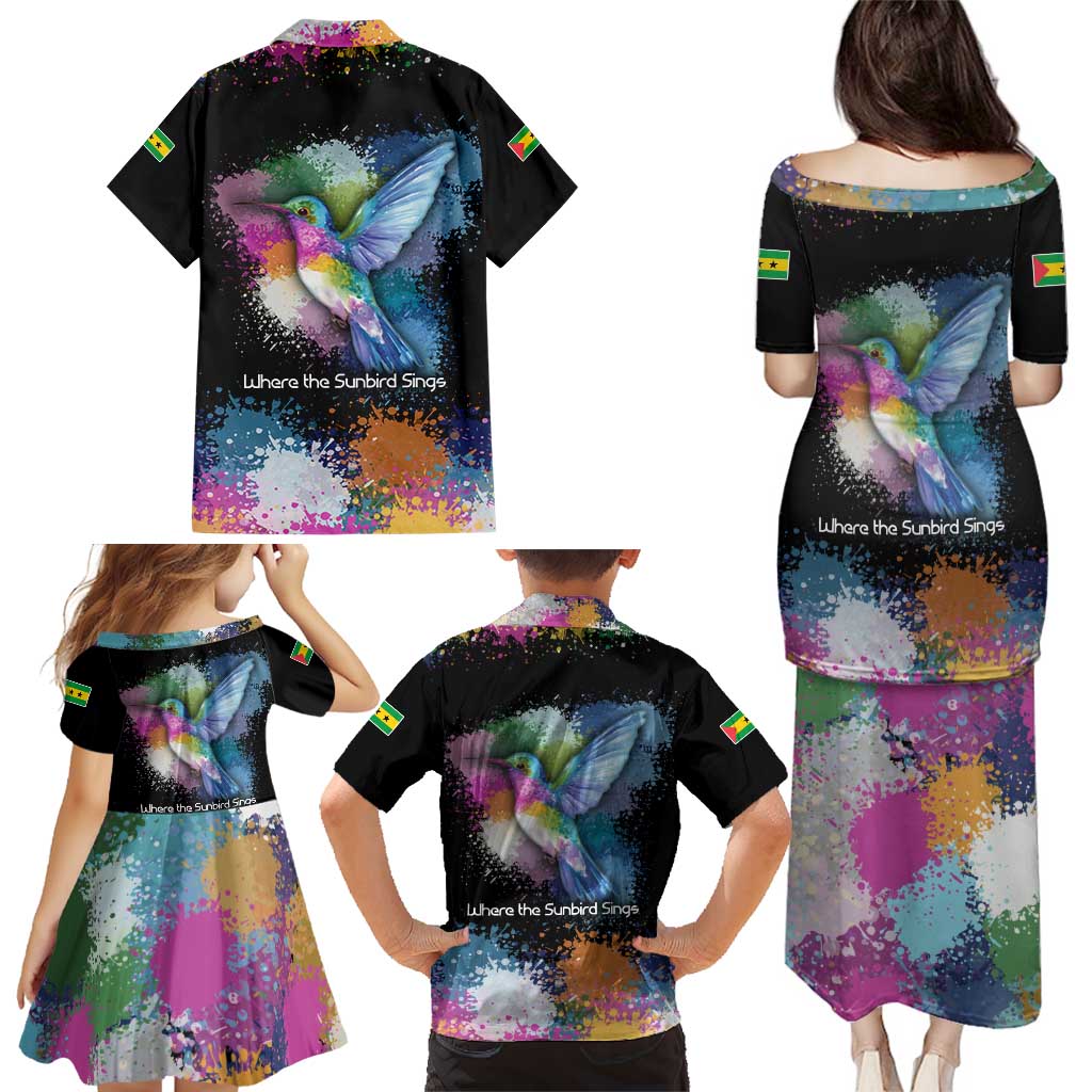 Where the Sunbird Sings Family Matching Puletasi and Hawaiian Shirt with Sao Tome and Principe Flag and Color Splash Art