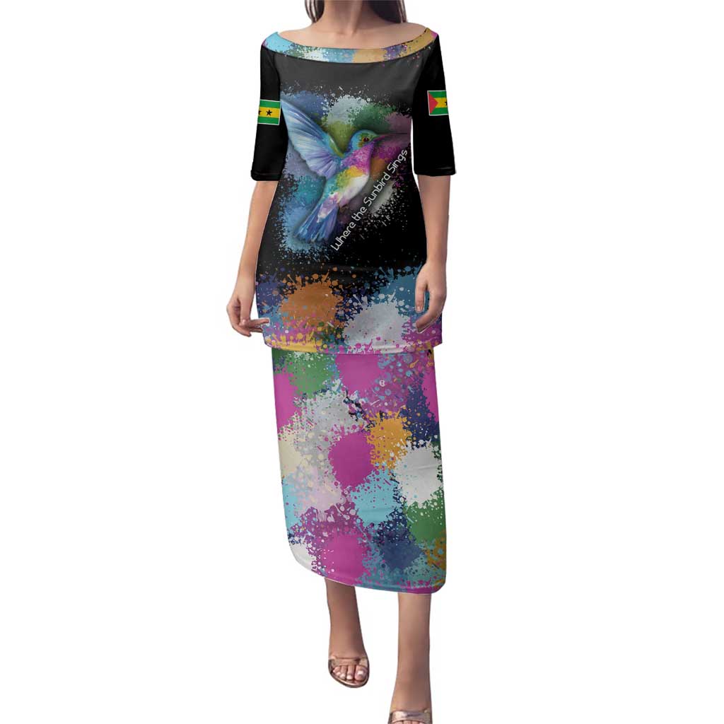 Where the Sunbird Sings Family Matching Puletasi and Hawaiian Shirt with Sao Tome and Principe Flag and Color Splash Art