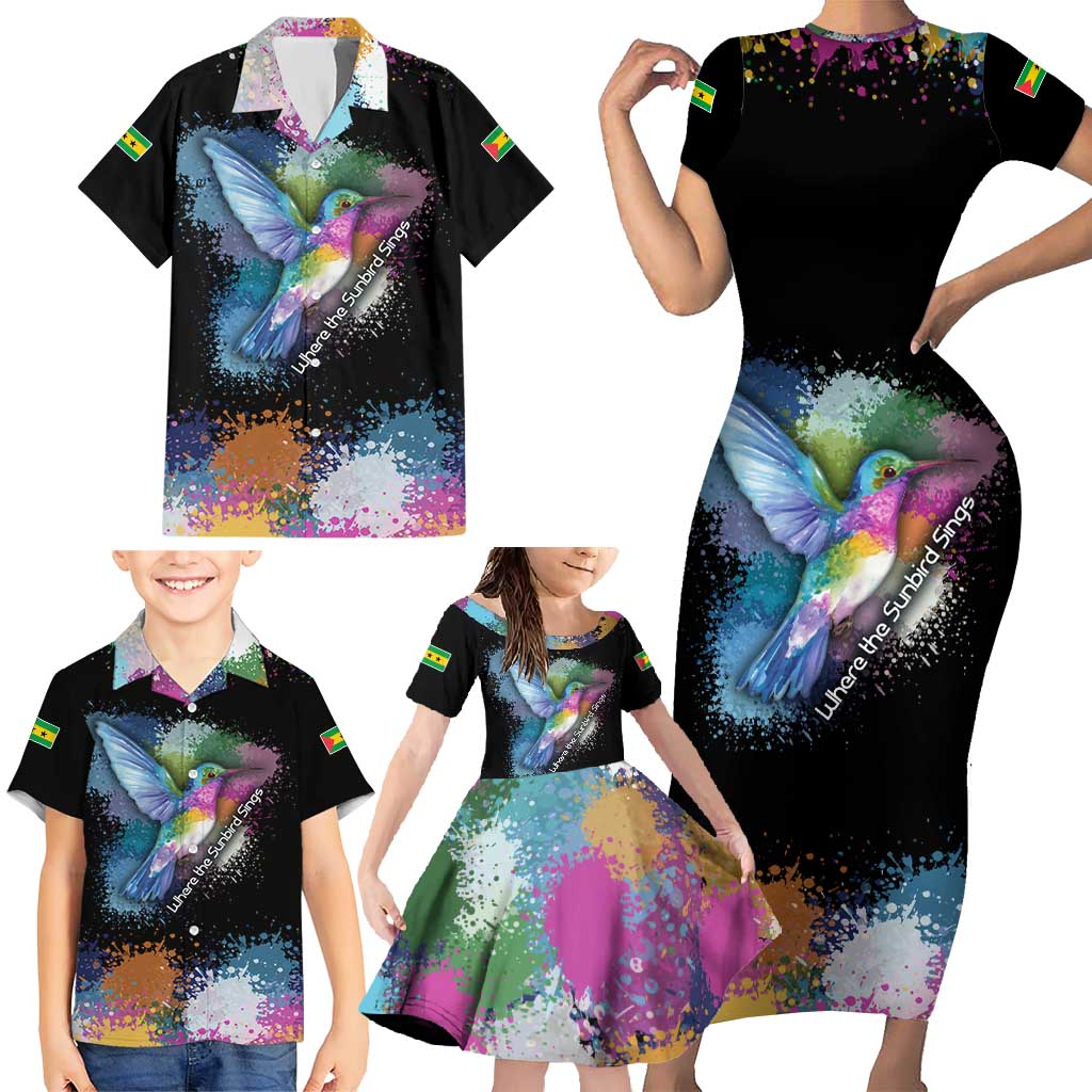 Where the Sunbird Sings Family Matching Short Sleeve Bodycon Dress and Hawaiian Shirt with Sao Tome and Principe Flag and Color Splash Art