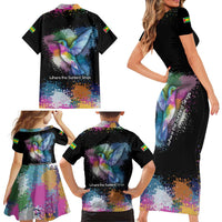 Where the Sunbird Sings Family Matching Short Sleeve Bodycon Dress and Hawaiian Shirt with Sao Tome and Principe Flag and Color Splash Art