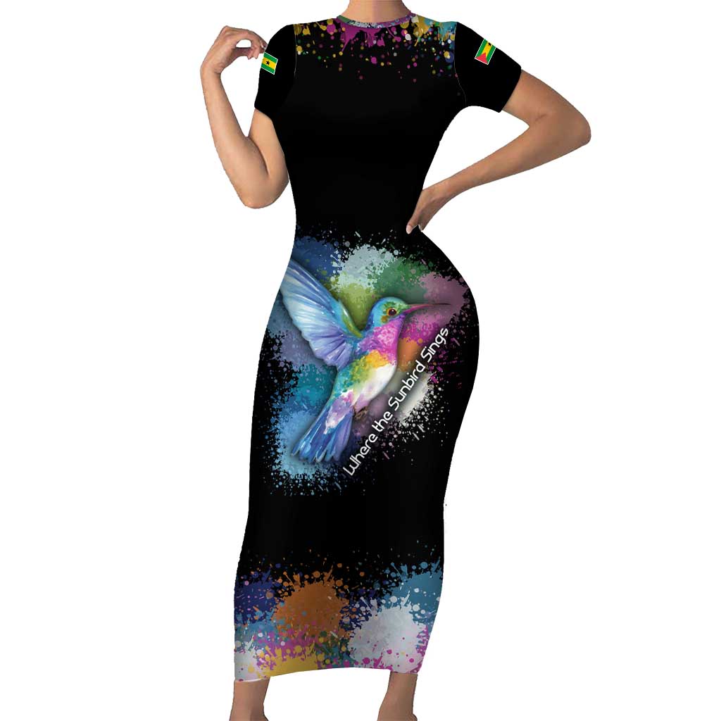 Where the Sunbird Sings Family Matching Short Sleeve Bodycon Dress and Hawaiian Shirt with Sao Tome and Principe Flag and Color Splash Art