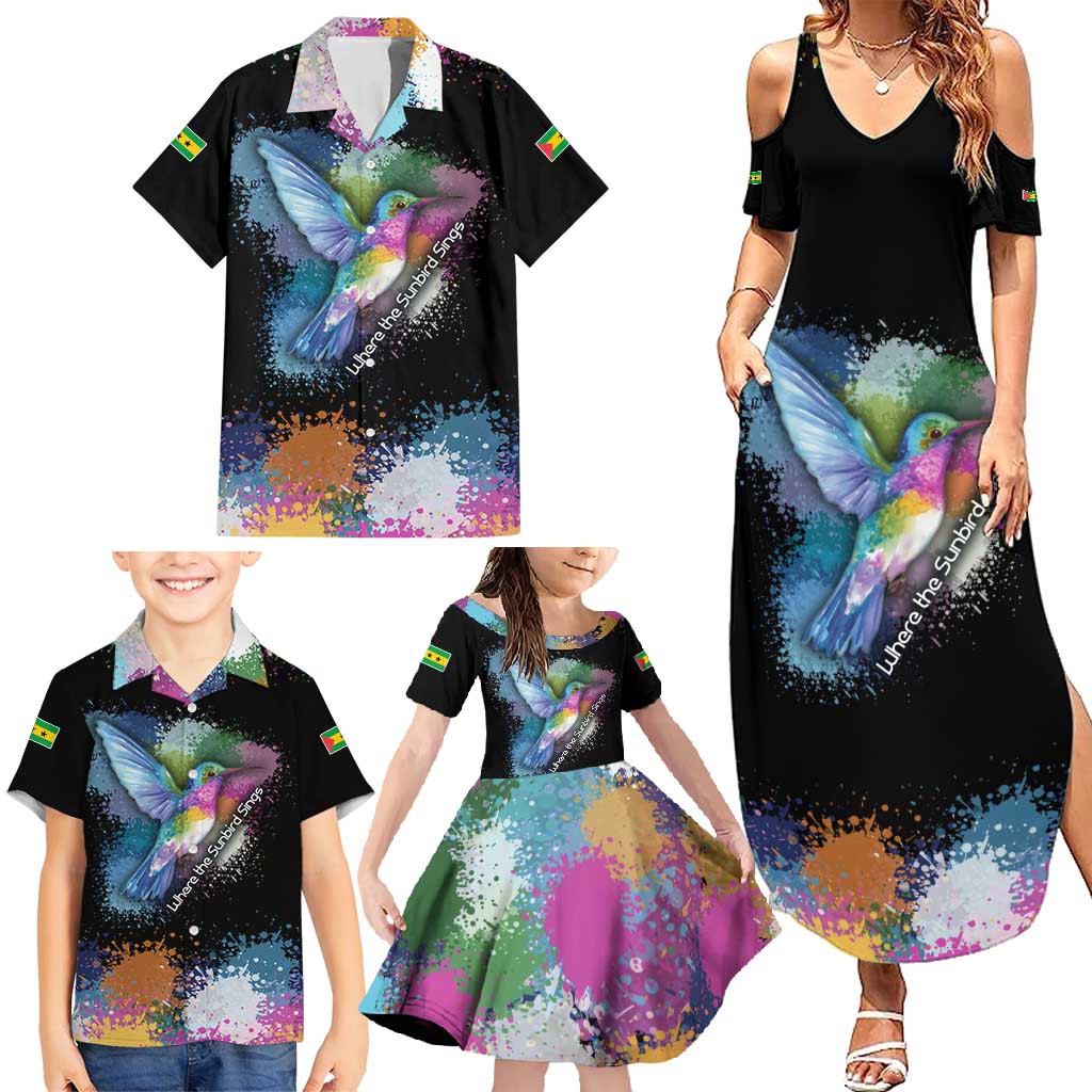 Where the Sunbird Sings Family Matching Summer Maxi Dress and Hawaiian Shirt with Sao Tome and Principe Flag and Color Splash Art