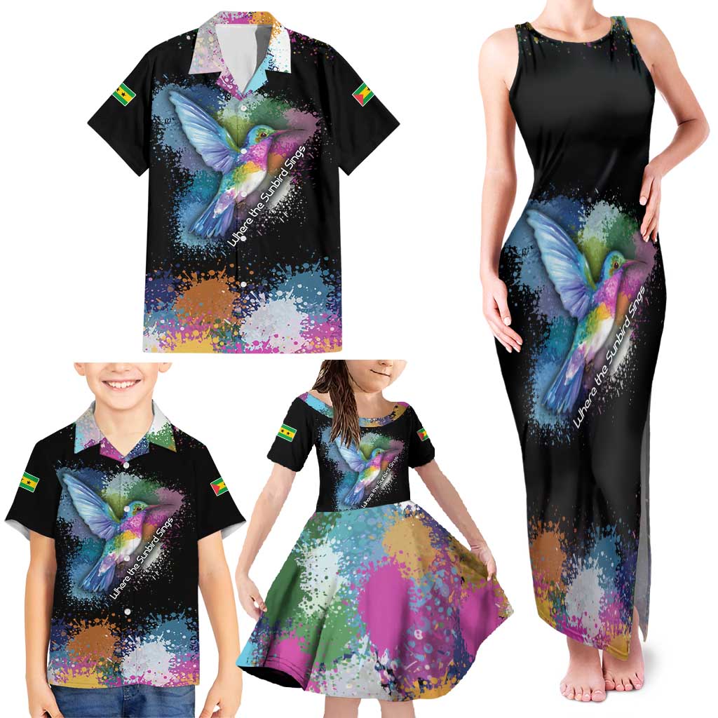Where the Sunbird Sings Family Matching Tank Maxi Dress and Hawaiian Shirt with Sao Tome and Principe Flag and Color Splash Art