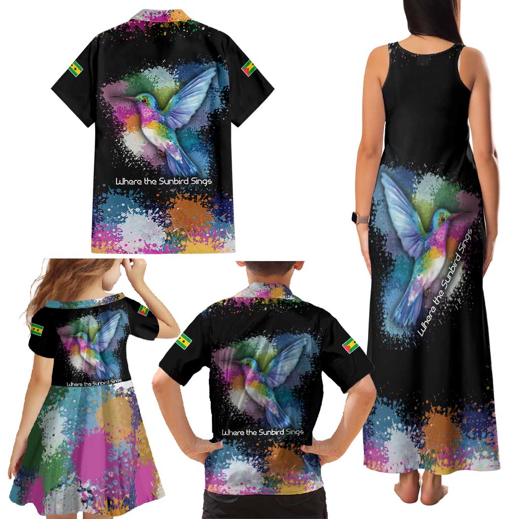 Where the Sunbird Sings Family Matching Tank Maxi Dress and Hawaiian Shirt with Sao Tome and Principe Flag and Color Splash Art