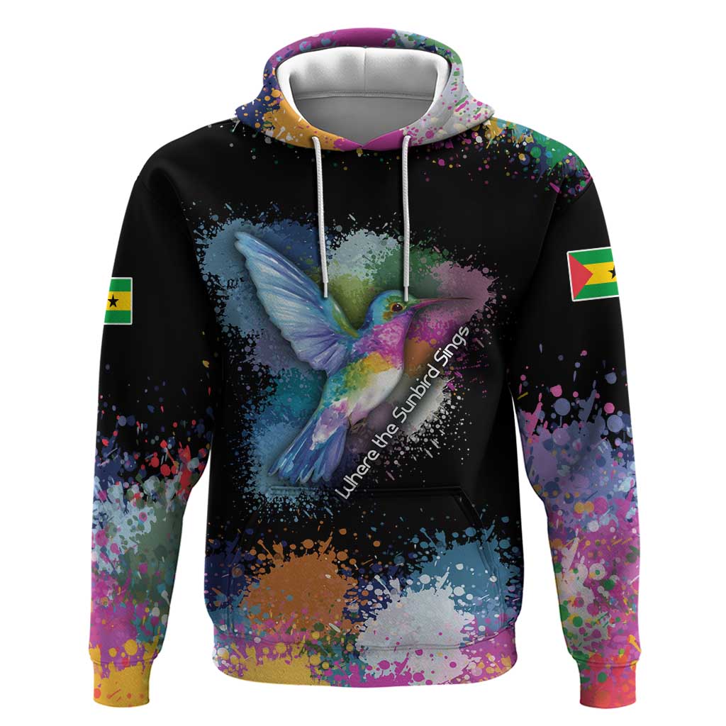 Where the Sunbird Sings Hoodie with Sao Tome and Principe Flag and Color Splash Art
