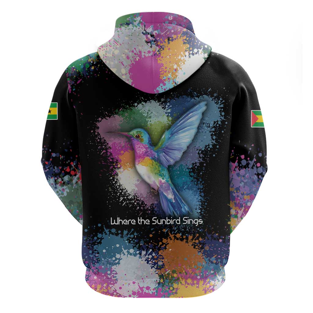 Where the Sunbird Sings Hoodie with Sao Tome and Principe Flag and Color Splash Art