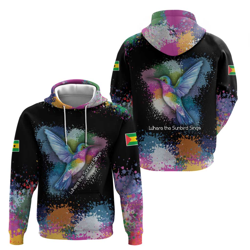 Where the Sunbird Sings Hoodie with Sao Tome and Principe Flag and Color Splash Art