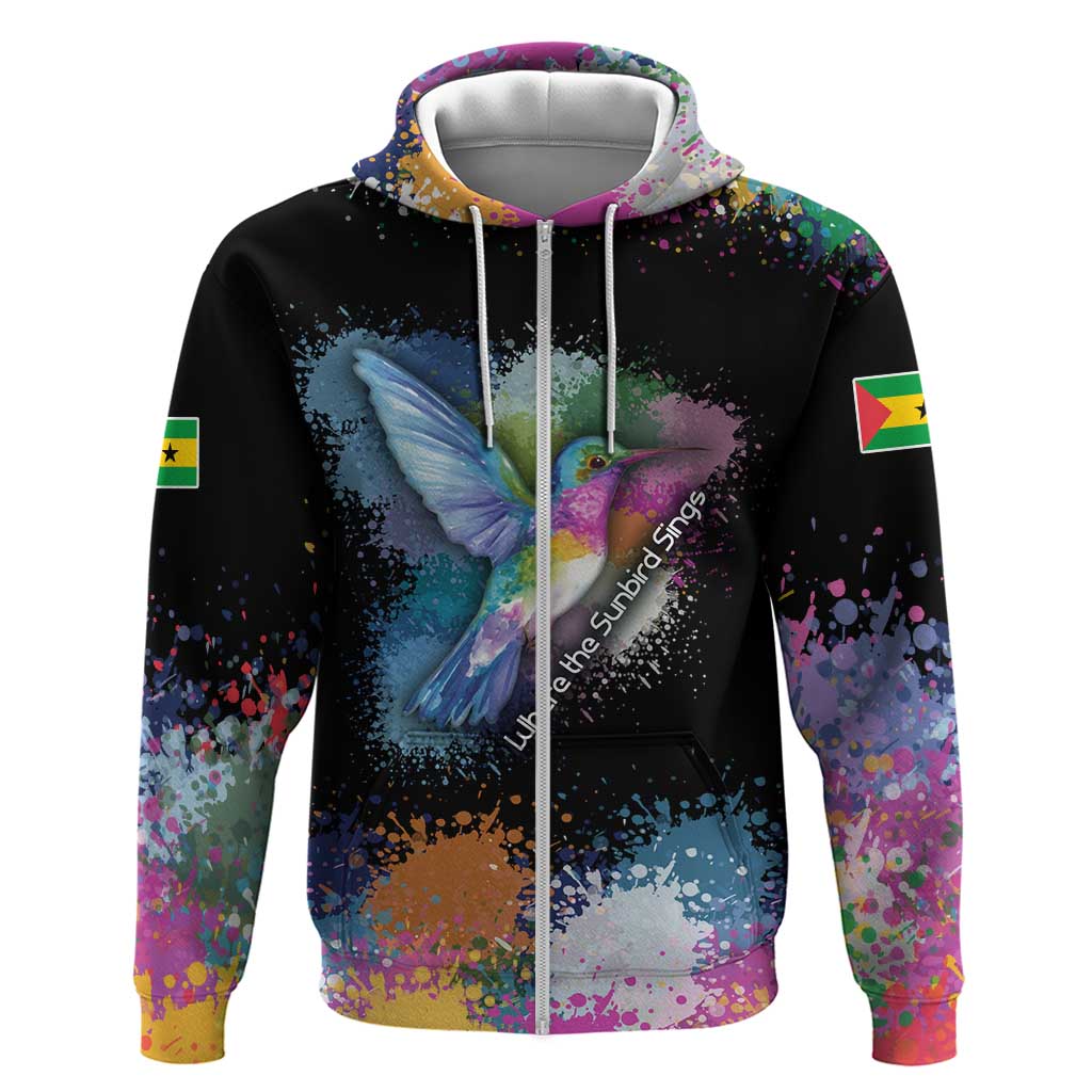 Where the Sunbird Sings Hoodie with Sao Tome and Principe Flag and Color Splash Art