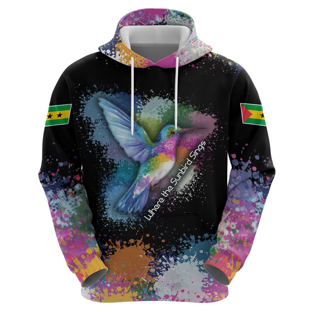 Where the Sunbird Sings Hoodie with Sao Tome and Principe Flag and Color Splash Art