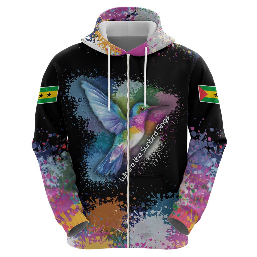 Where the Sunbird Sings Hoodie with Sao Tome and Principe Flag and Color Splash Art