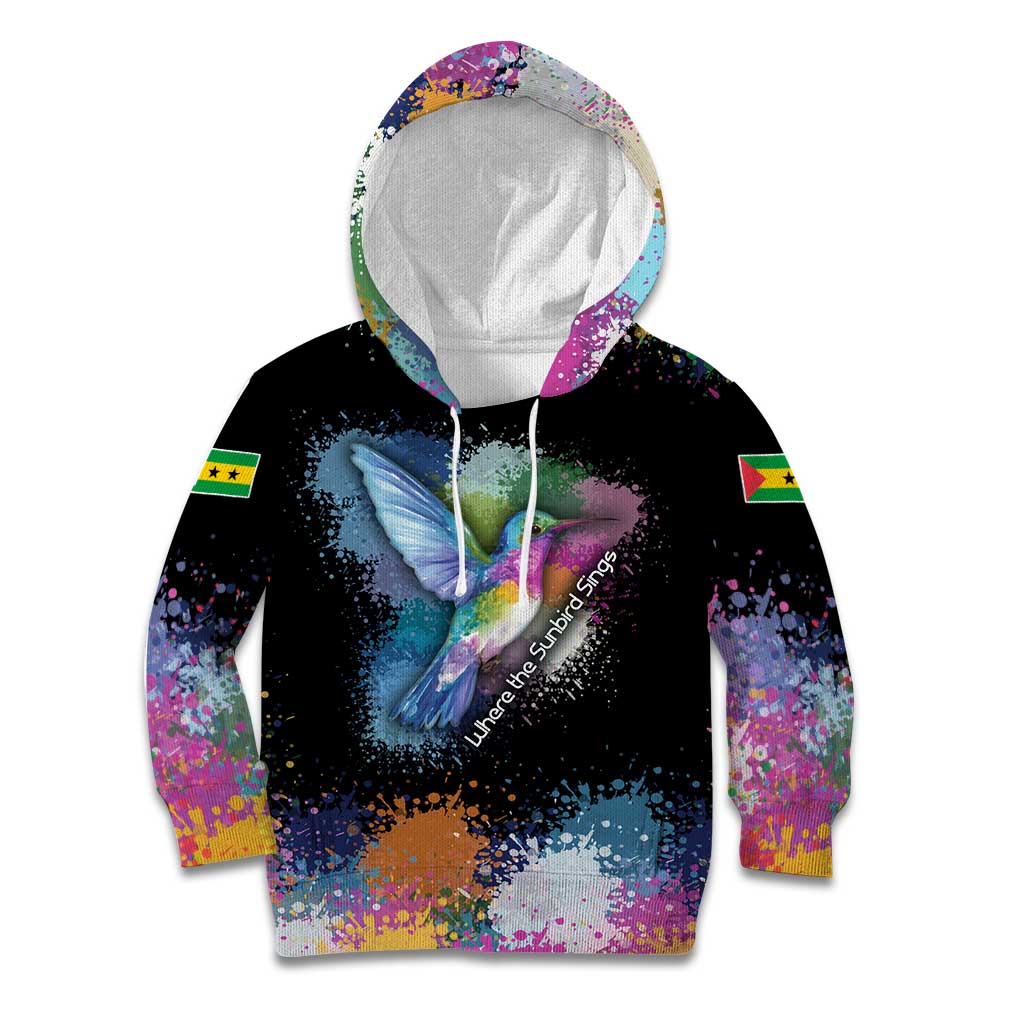 Where the Sunbird Sings Kid Hoodie with Sao Tome and Principe Flag and Color Splash Art