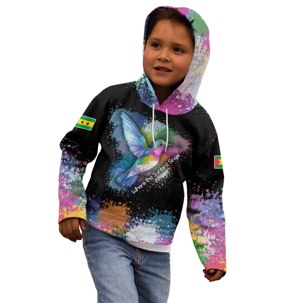 Where the Sunbird Sings Kid Hoodie with Sao Tome and Principe Flag and Color Splash Art