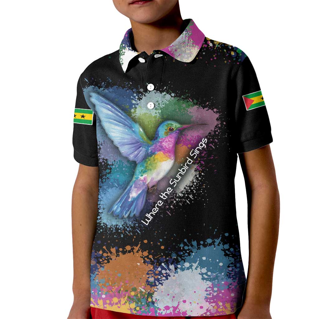 Where the Sunbird Sings Kid Polo Shirt with Sao Tome and Principe Flag and Color Splash Art