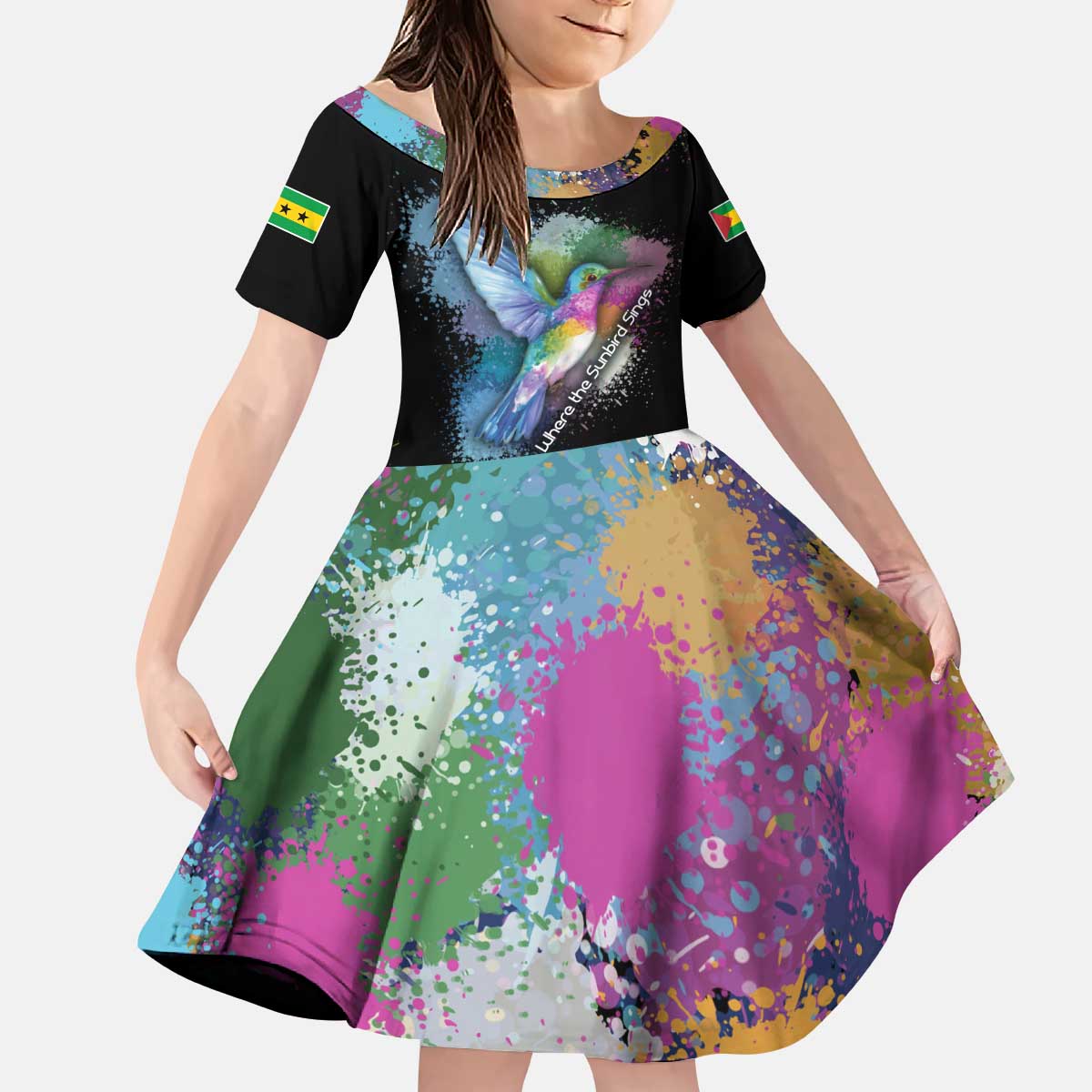 Where the Sunbird Sings Kid Short Sleeve Dress with Sao Tome and Principe Flag and Color Splash Art