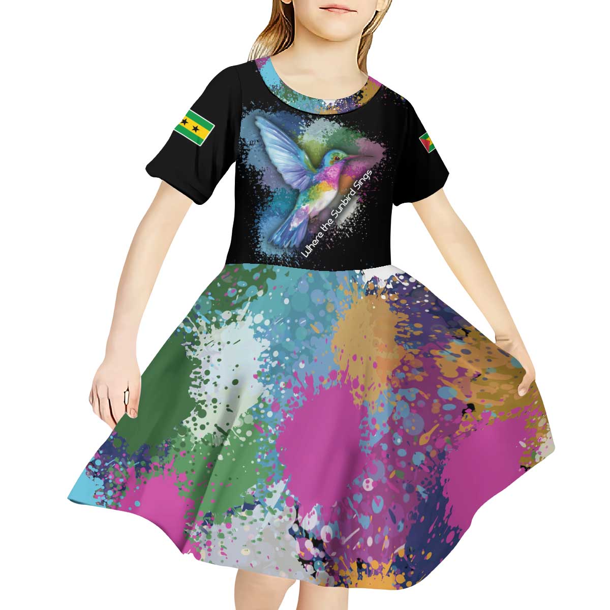 Where the Sunbird Sings Kid Short Sleeve Dress with Sao Tome and Principe Flag and Color Splash Art