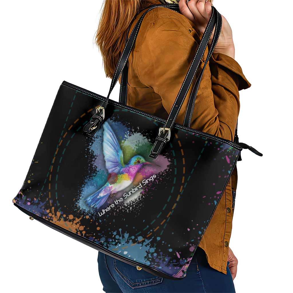 Where the Sunbird Sings Leather Tote Bag with Sao Tome and Principe Flag and Color Splash Art