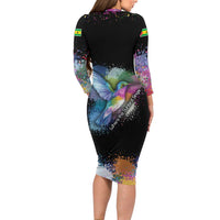 Where the Sunbird Sings Long Sleeve Bodycon Dress with Sao Tome and Principe Flag and Color Splash Art