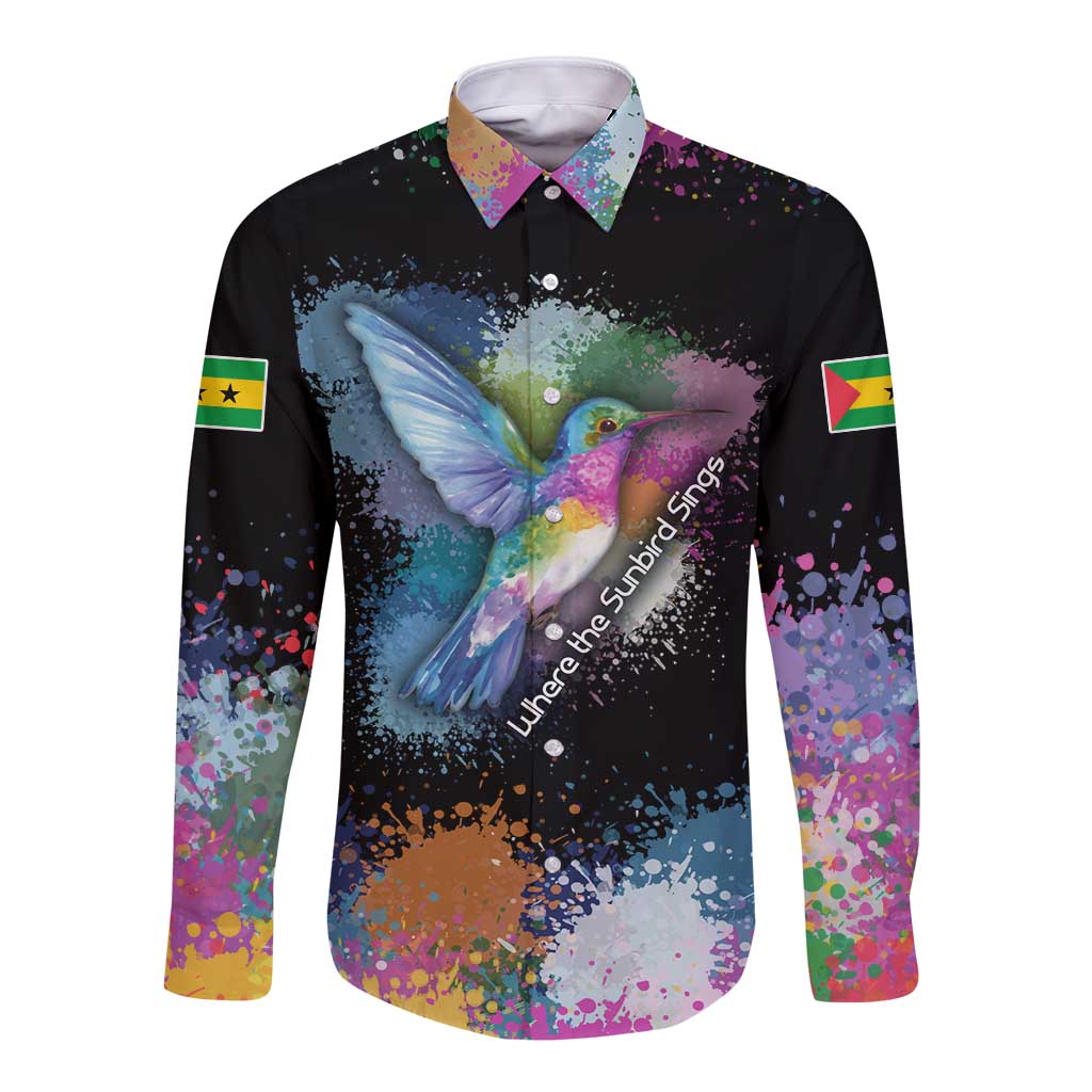 Where the Sunbird Sings Long Sleeve Button Shirt with Sao Tome and Principe Flag and Color Splash Art