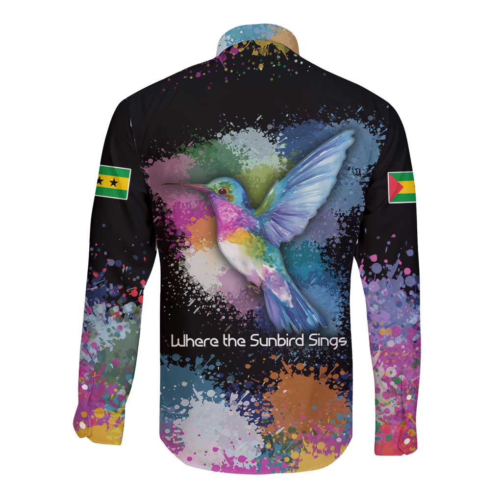 Where the Sunbird Sings Long Sleeve Button Shirt with Sao Tome and Principe Flag and Color Splash Art