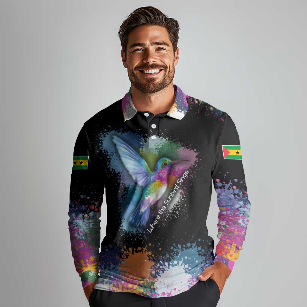 Where the Sunbird Sings Long Sleeve Polo Shirt with Sao Tome and Principe Flag and Color Splash Art