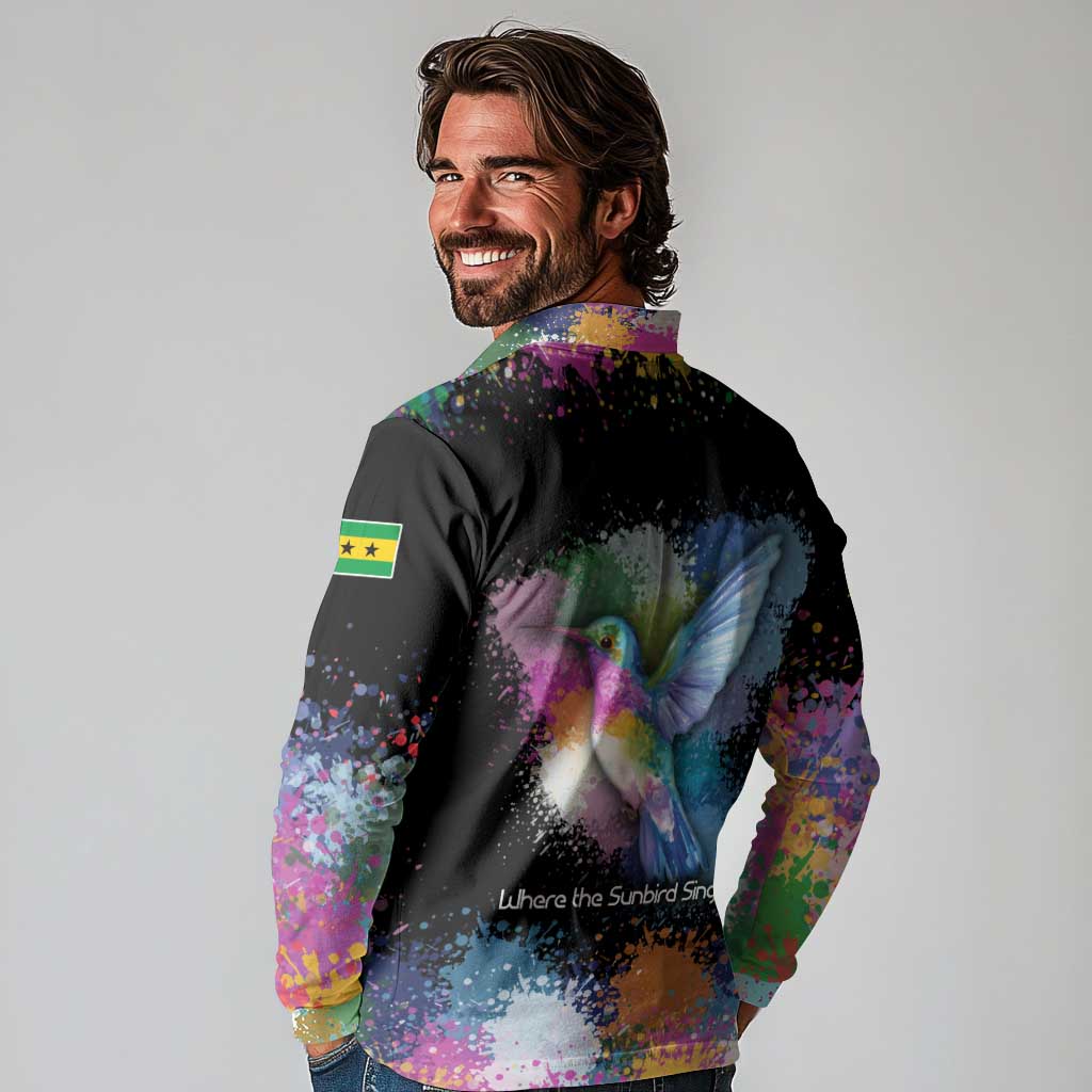 Where the Sunbird Sings Long Sleeve Polo Shirt with Sao Tome and Principe Flag and Color Splash Art