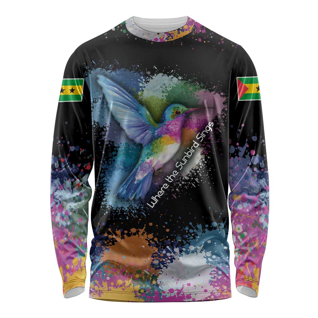 Where the Sunbird Sings Long Sleeve Shirt with Sao Tome and Principe Flag and Color Splash Art