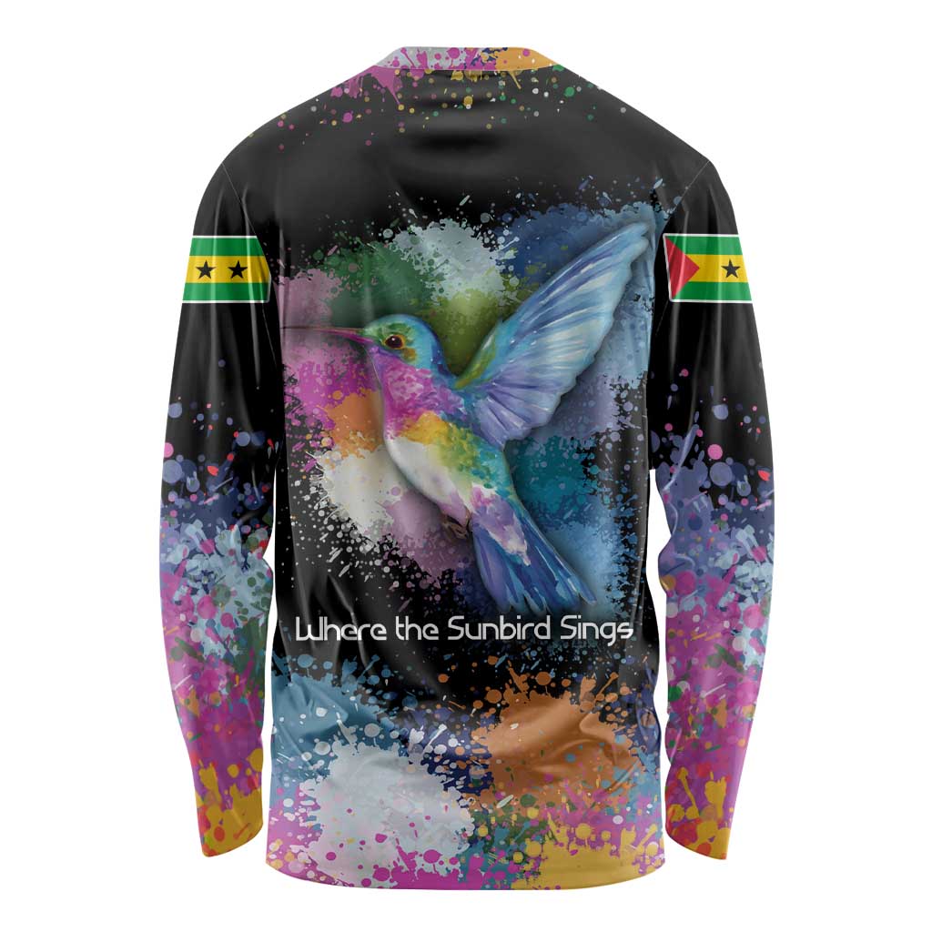 Where the Sunbird Sings Long Sleeve Shirt with Sao Tome and Principe Flag and Color Splash Art
