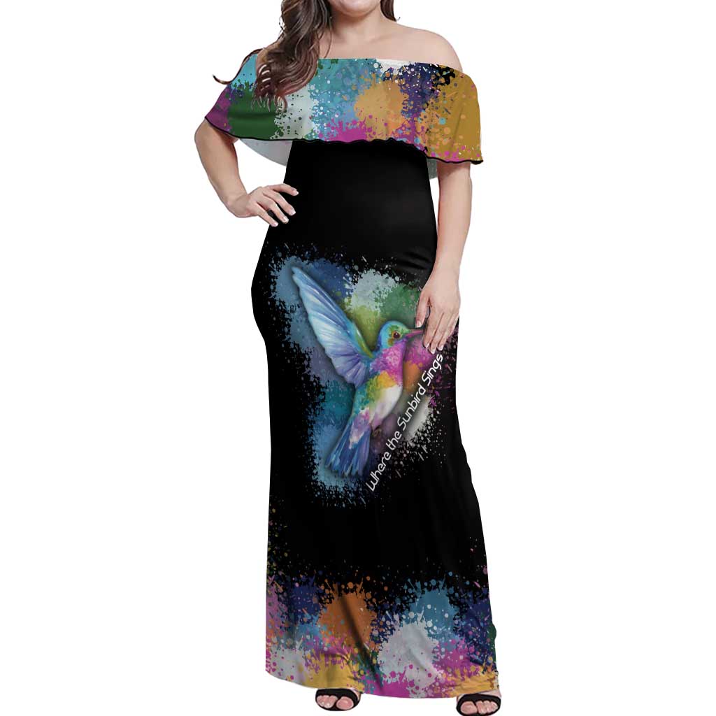 Where the Sunbird Sings Off Shoulder Maxi Dress with Sao Tome and Principe Flag and Color Splash Art