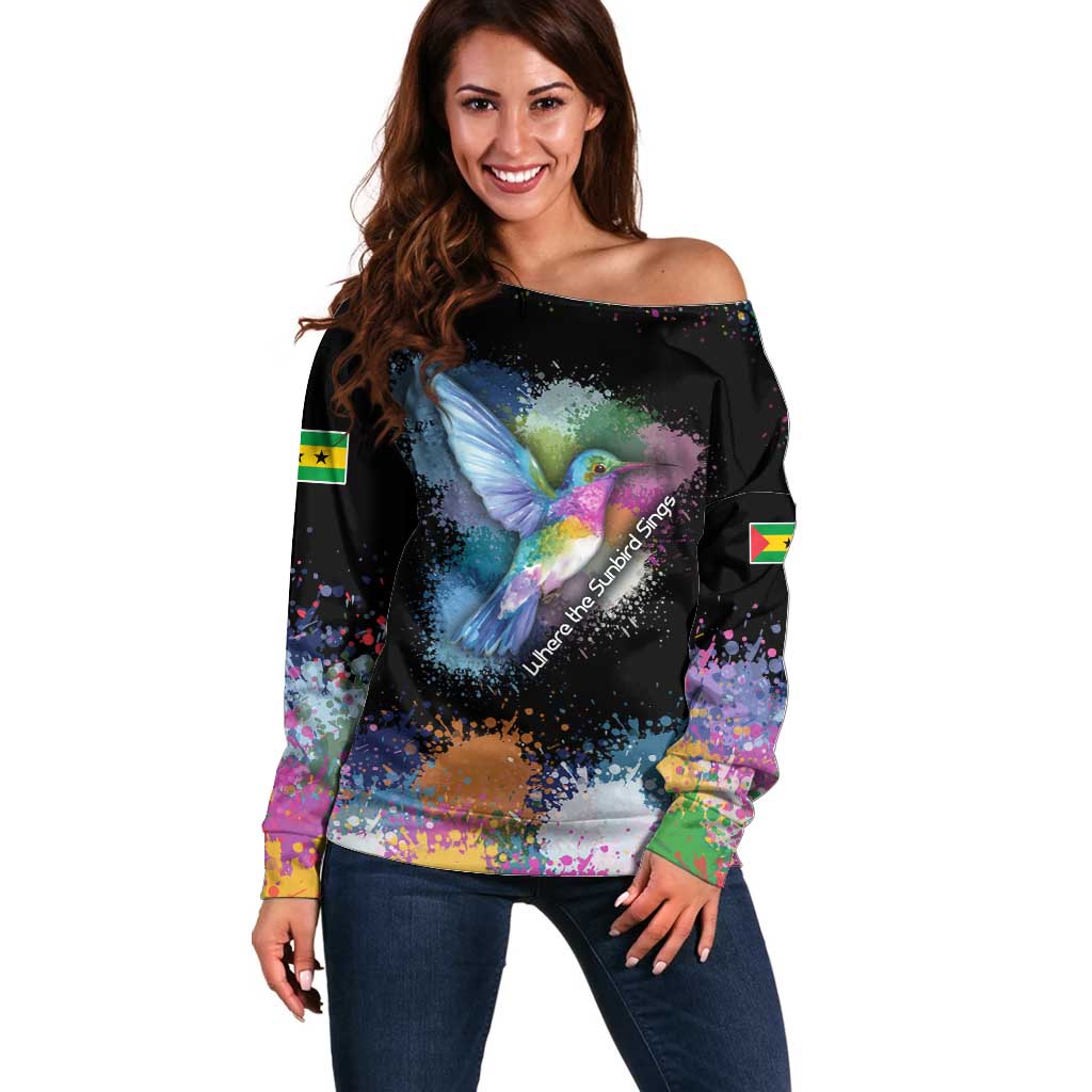Where the Sunbird Sings Off Shoulder Sweater with Sao Tome and Principe Flag and Color Splash Art