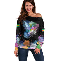 Where the Sunbird Sings Off Shoulder Sweater with Sao Tome and Principe Flag and Color Splash Art