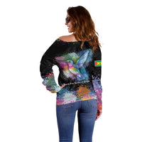 Where the Sunbird Sings Off Shoulder Sweater with Sao Tome and Principe Flag and Color Splash Art