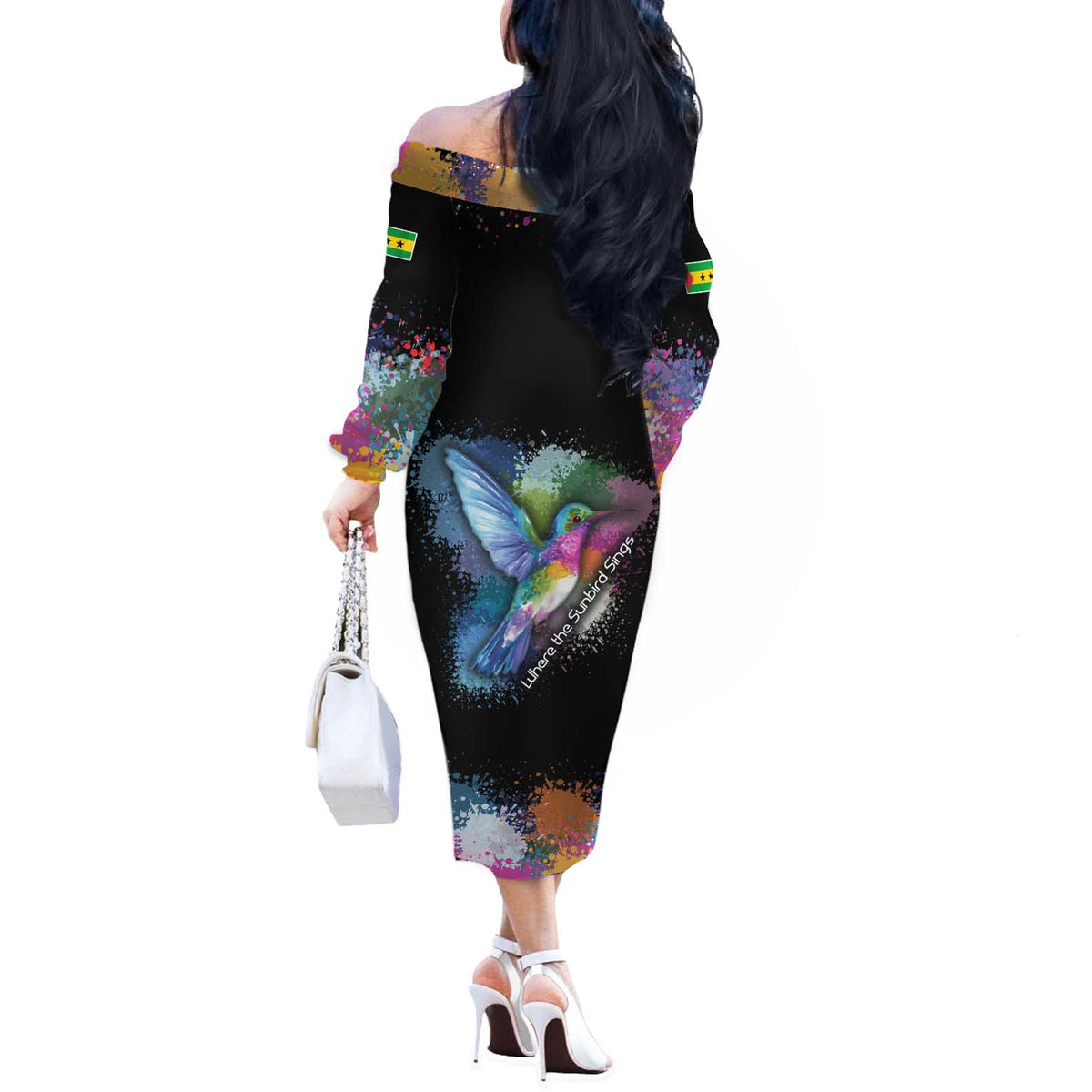 Where the Sunbird Sings Off The Shoulder Long Sleeve Dress with Sao Tome and Principe Flag and Color Splash Art