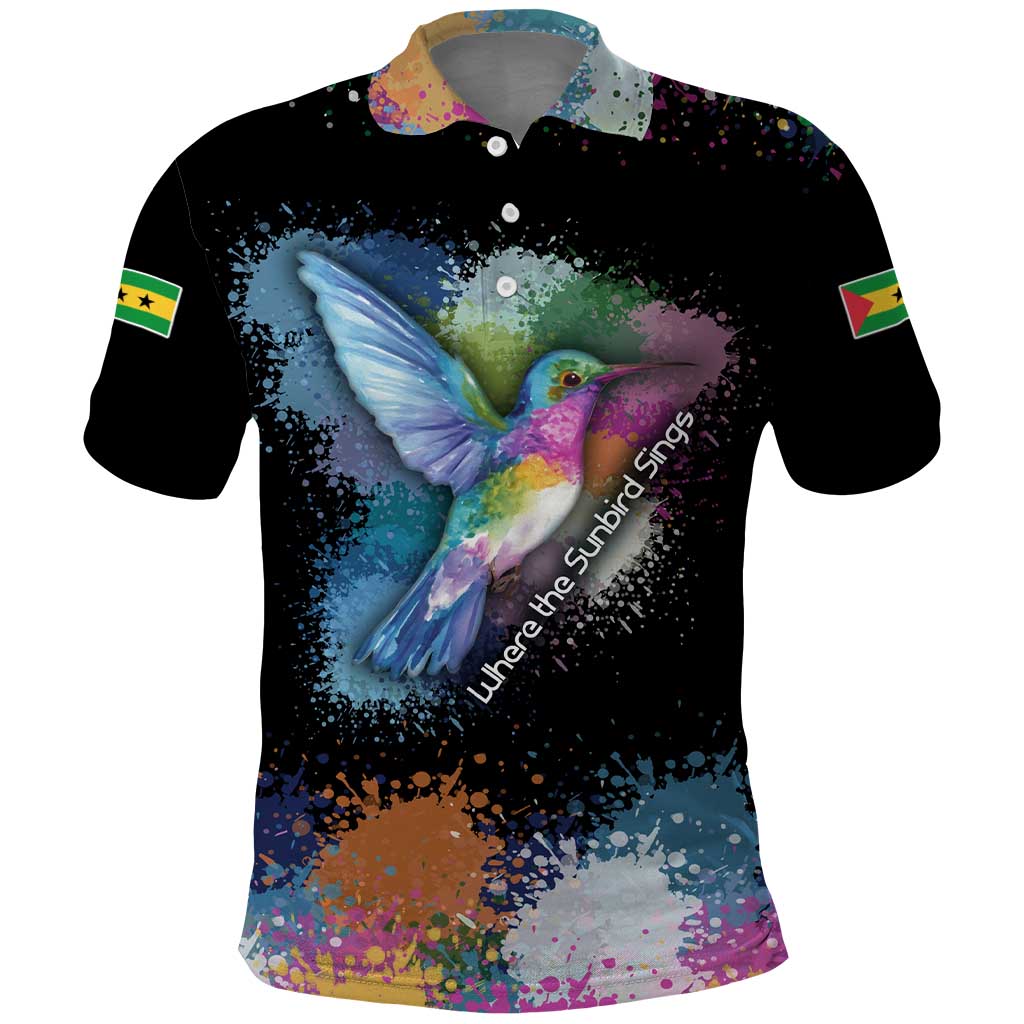 Where the Sunbird Sings Polo Shirt with Sao Tome and Principe Flag and Color Splash Art