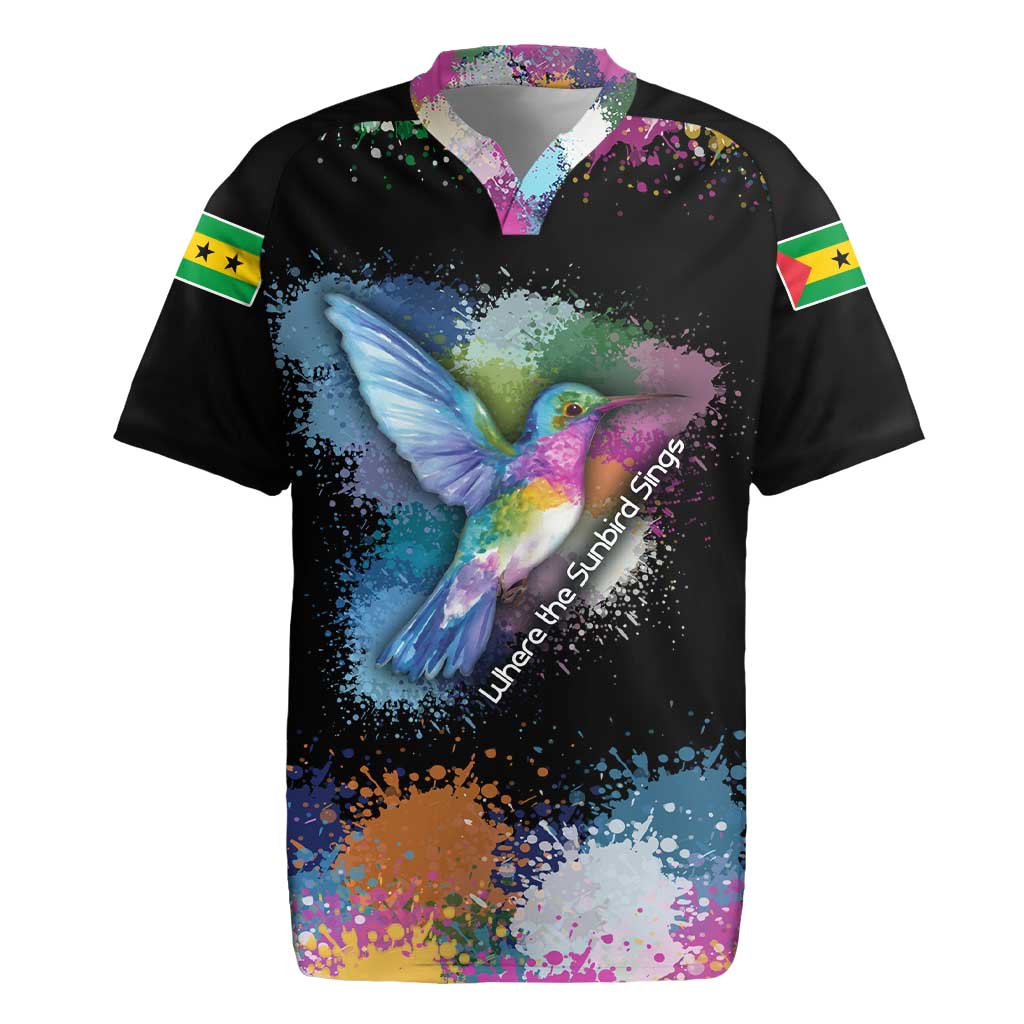 Where the Sunbird Sings Rugby Jersey with Sao Tome and Principe Flag and Color Splash Art