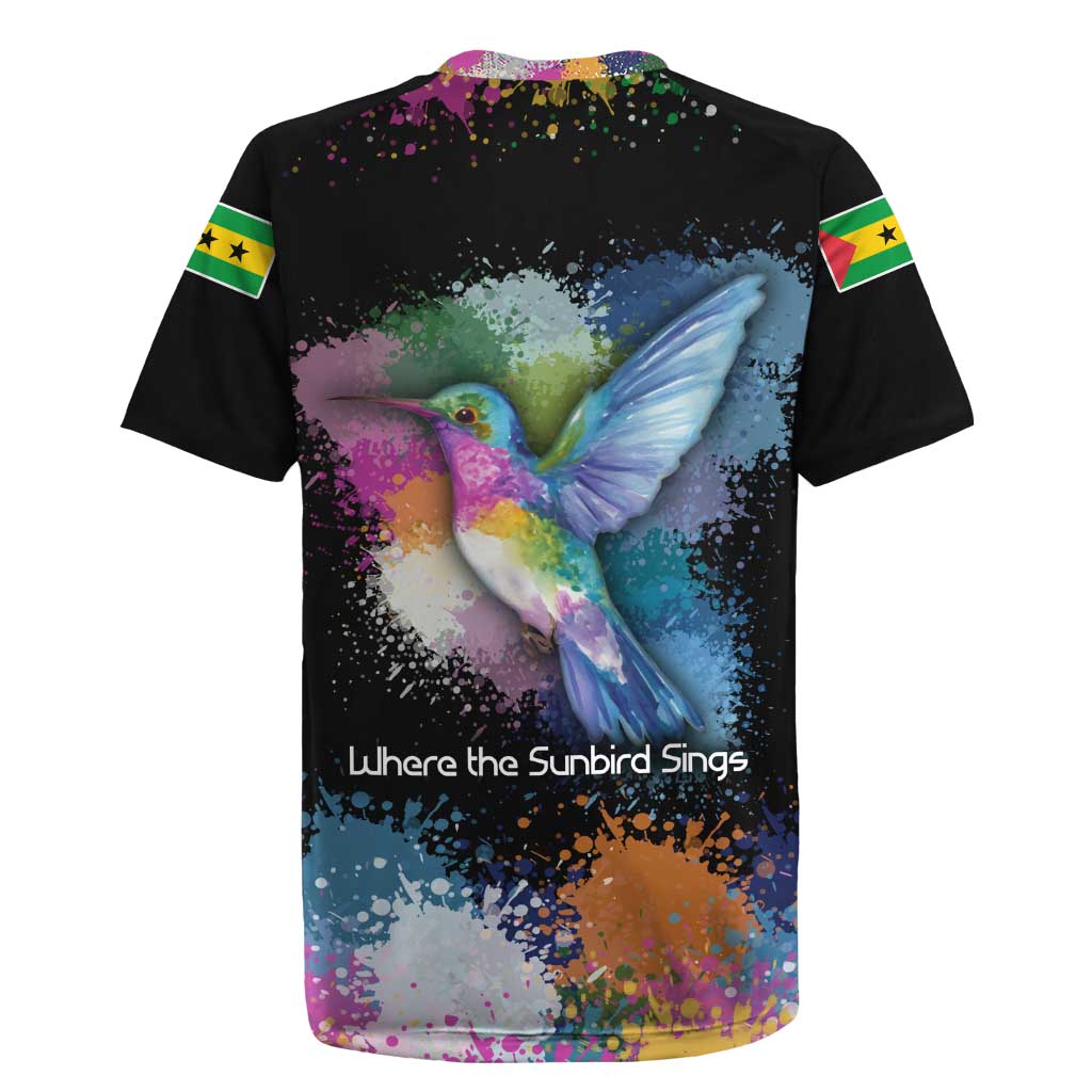 Where the Sunbird Sings Rugby Jersey with Sao Tome and Principe Flag and Color Splash Art