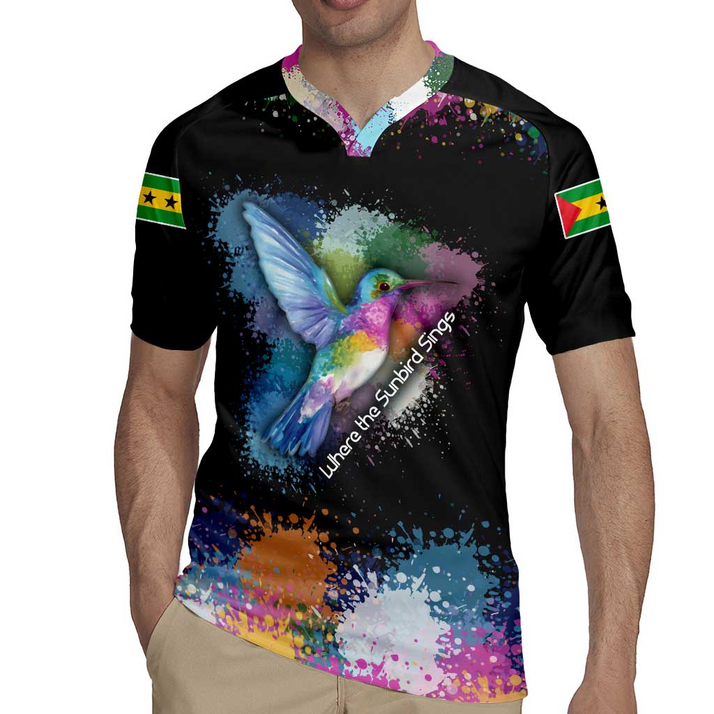Where the Sunbird Sings Rugby Jersey with Sao Tome and Principe Flag and Color Splash Art