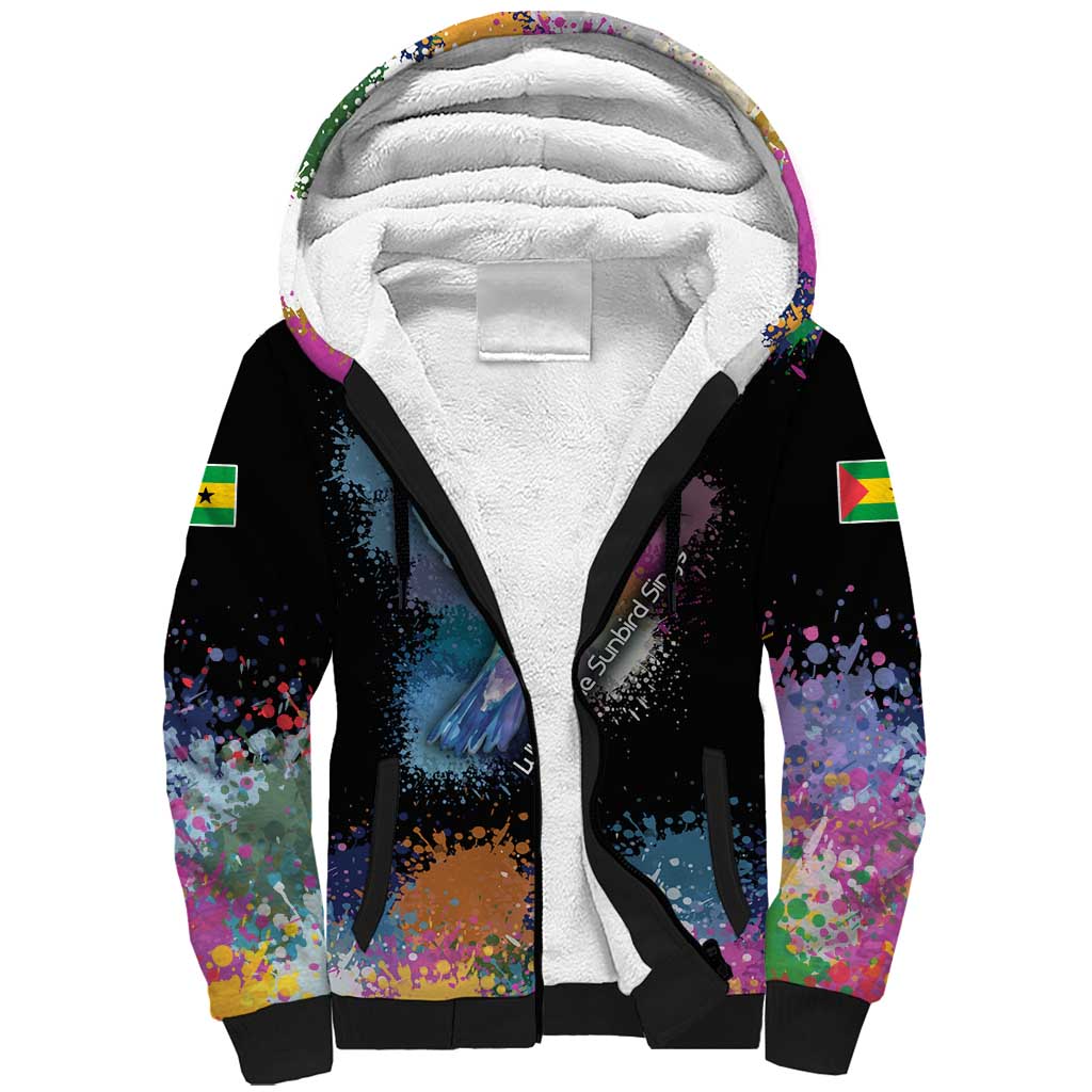 Where the Sunbird Sings Sherpa Hoodie with Sao Tome and Principe Flag and Color Splash Art